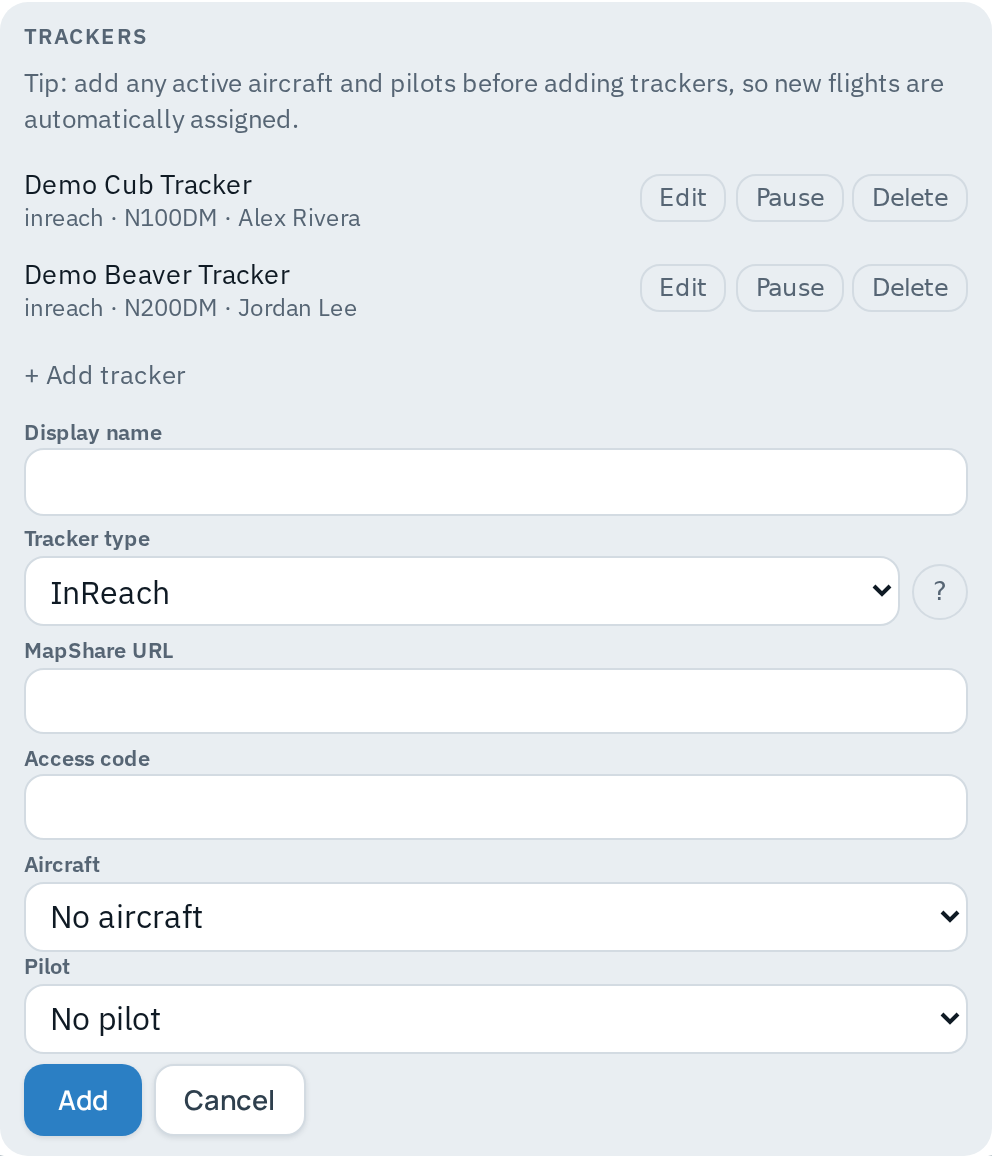 Add tracker dialog